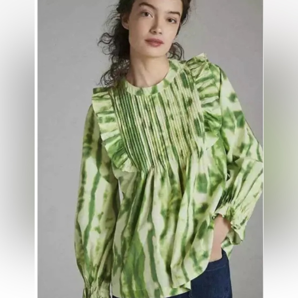 NWT Anthropologie Samant ChauHan Emilia green ruffle tie die blouse. Size XS